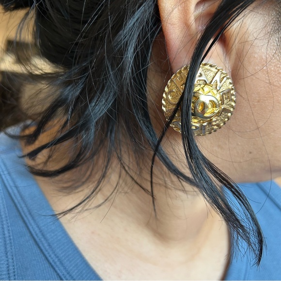 Vintage Gold CC Quilted and Lettered Clip-On Earrings - Picture 6 of 11